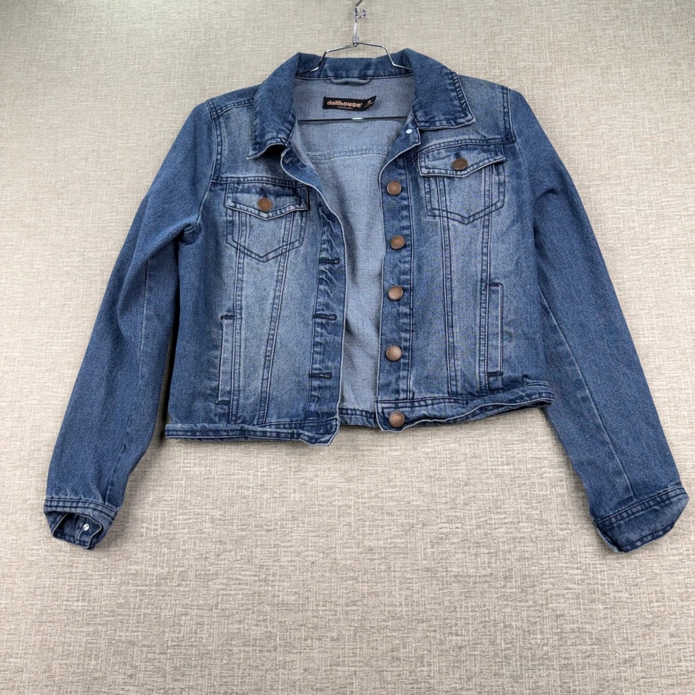 Dollhouse Womens Medium Wash Denim Trucker Jacket Size M Blue Cropped Jean Coat